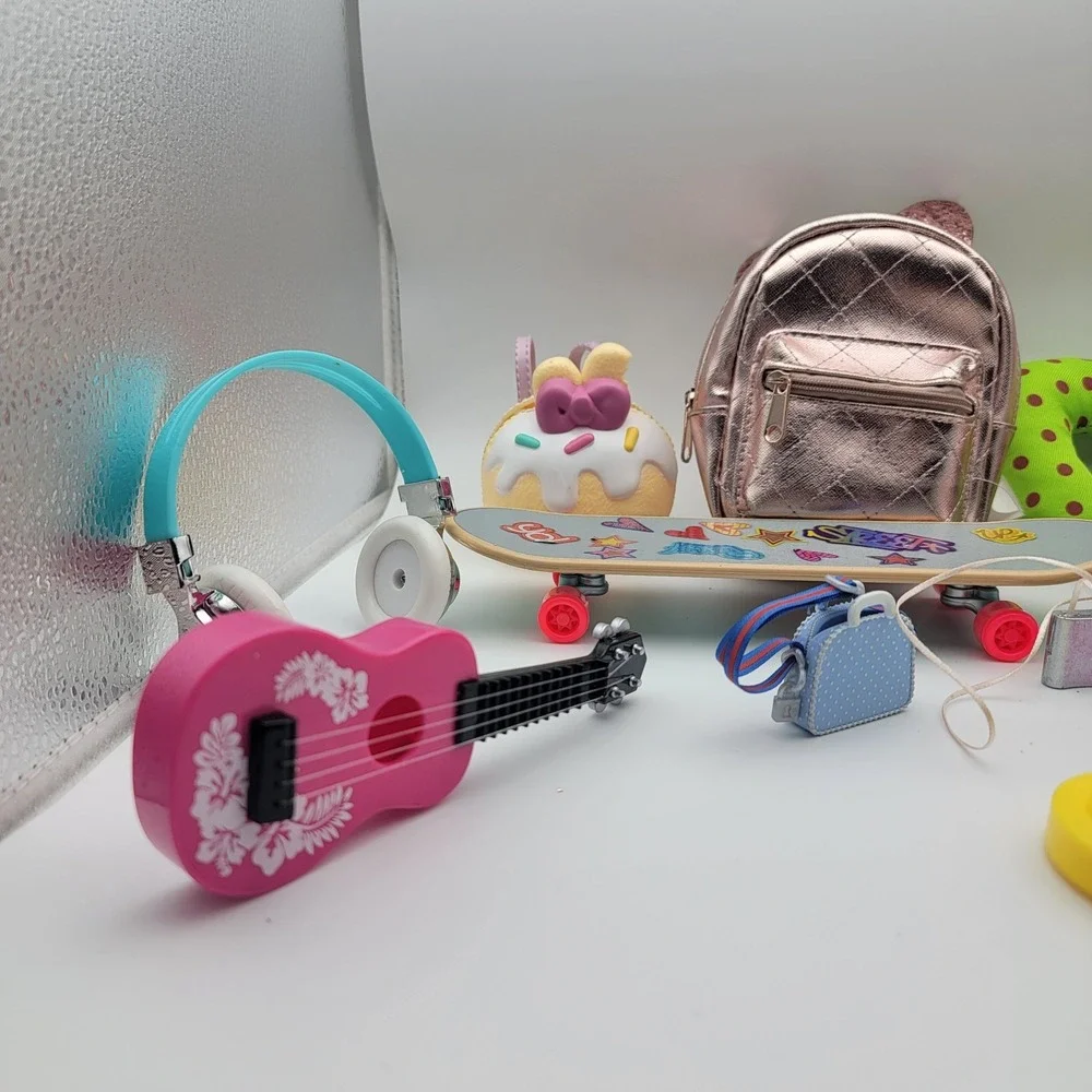 LOT OF 18IN DOLL Accessories, 16 total, Lugage, skate board, headphones and more